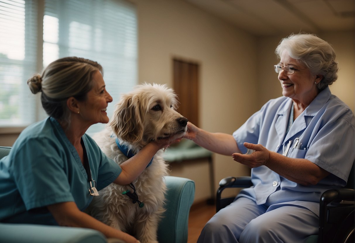 An AI therapy animal interacts with a patient in a clinical setting, providing comfort and support