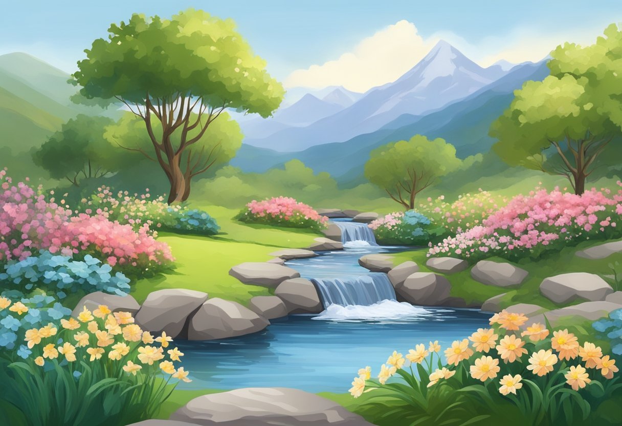 A serene garden with blooming flowers and a gentle stream, surrounded by peaceful mountains under a clear sky