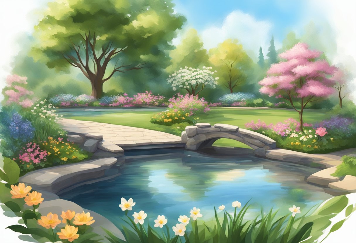 A serene garden with blooming flowers and a tranquil pond, surrounded by gentle sunlight and a sense of peace and healing energy