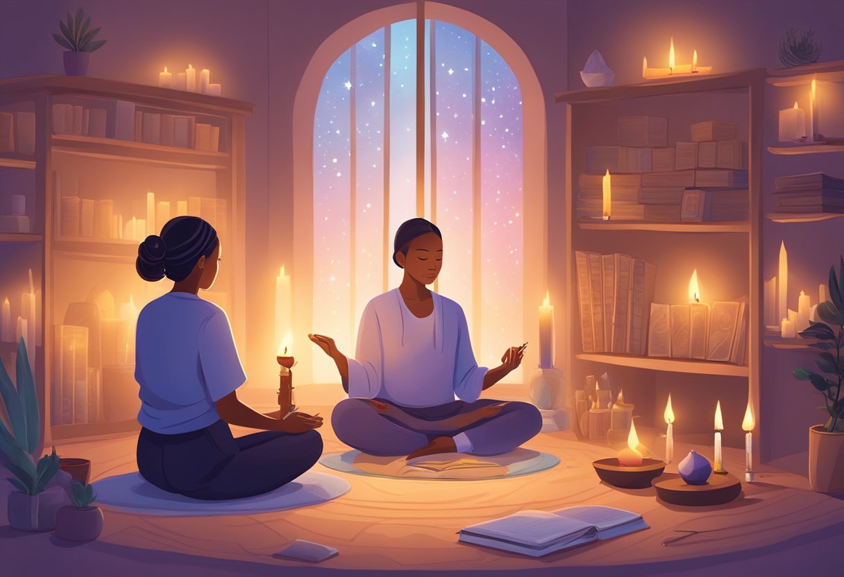 A serene, candle-lit room with incense burning. A person sits in meditation, surrounded by healing crystals and a journal for writing prayers