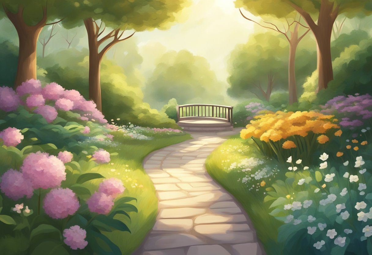 A serene garden with a winding path leading to a peaceful sanctuary. Soft sunlight filters through the trees, creating a calm and soothing atmosphere