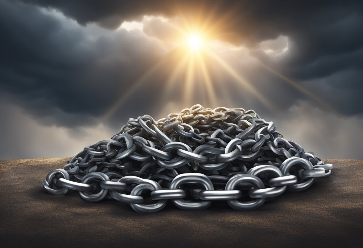 A pile of heavy chains lies broken on the ground, while beams of light break through dark clouds above, symbolizing the breaking of financial barriers