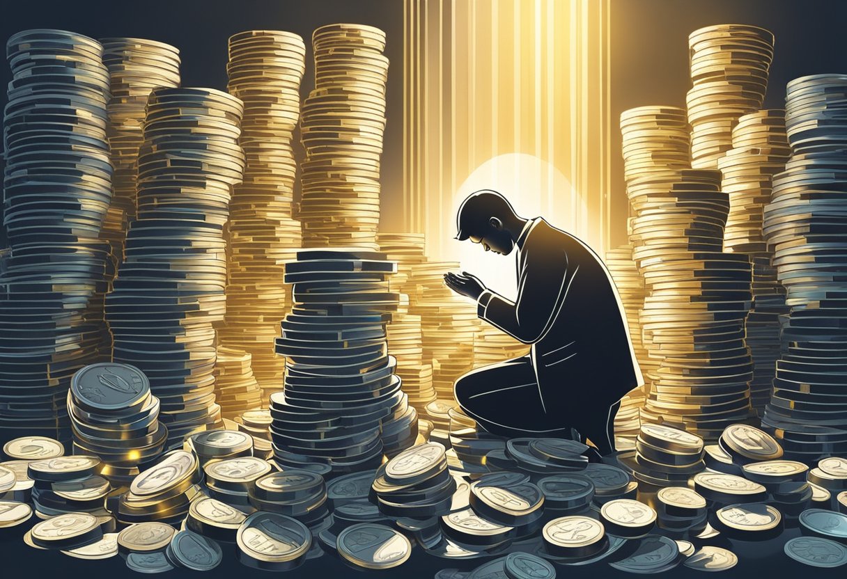 A person kneeling in prayer, surrounded by stacks of coins and bills. Rays of light shining down, symbolizing breakthrough in financial barriers