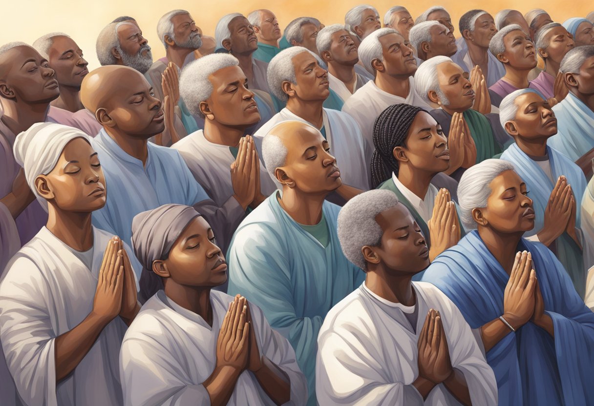 A group of prayer warriors gather, eyes closed in deep concentration, as they lift up prayers for financial breakthroughs. Gratitude fills the air as they give thanks for progress made