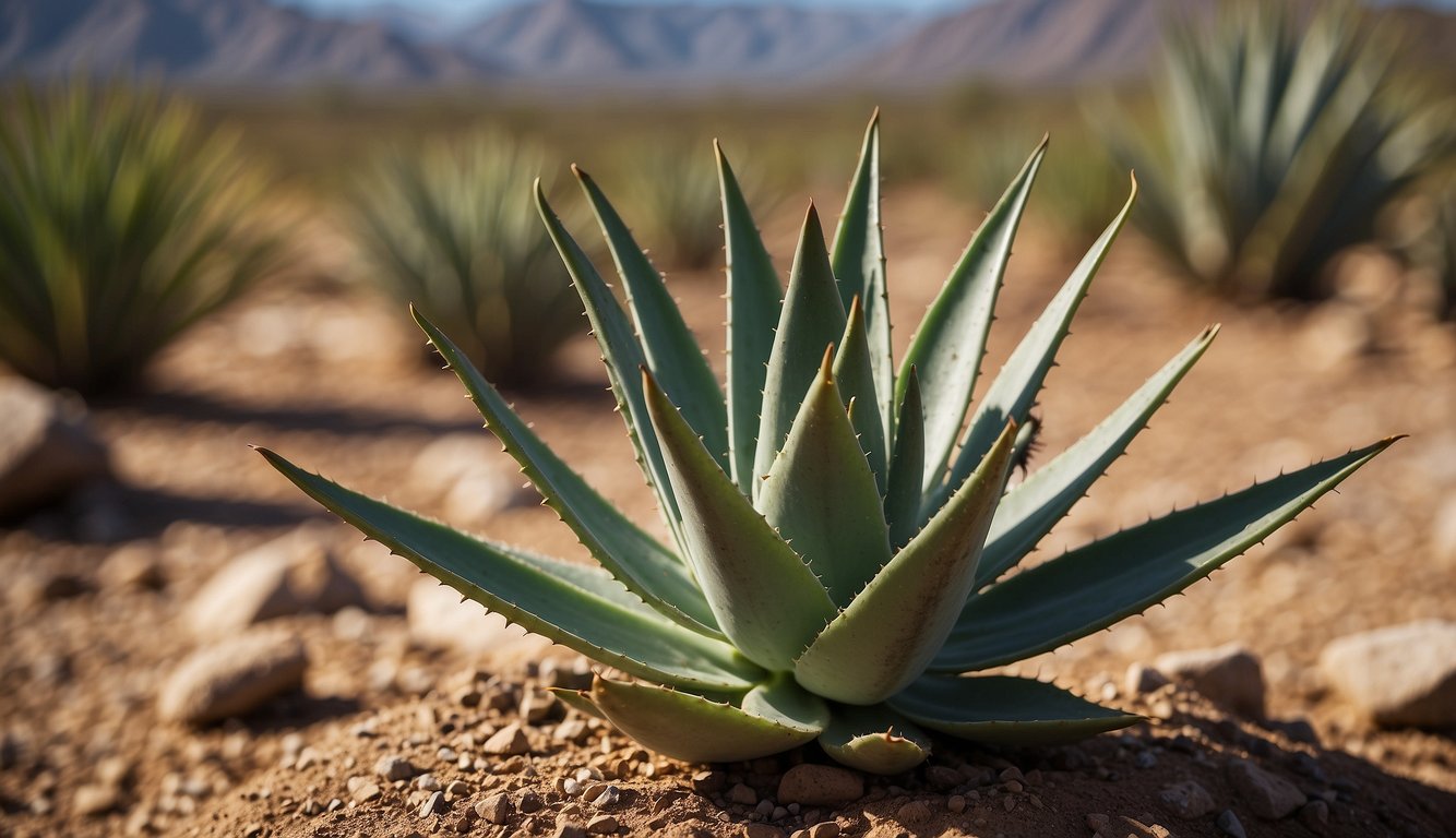 An old aloe vera plant stands tall, with thick, fleshy leaves and spiky edges, surrounded by dry soil and rocks