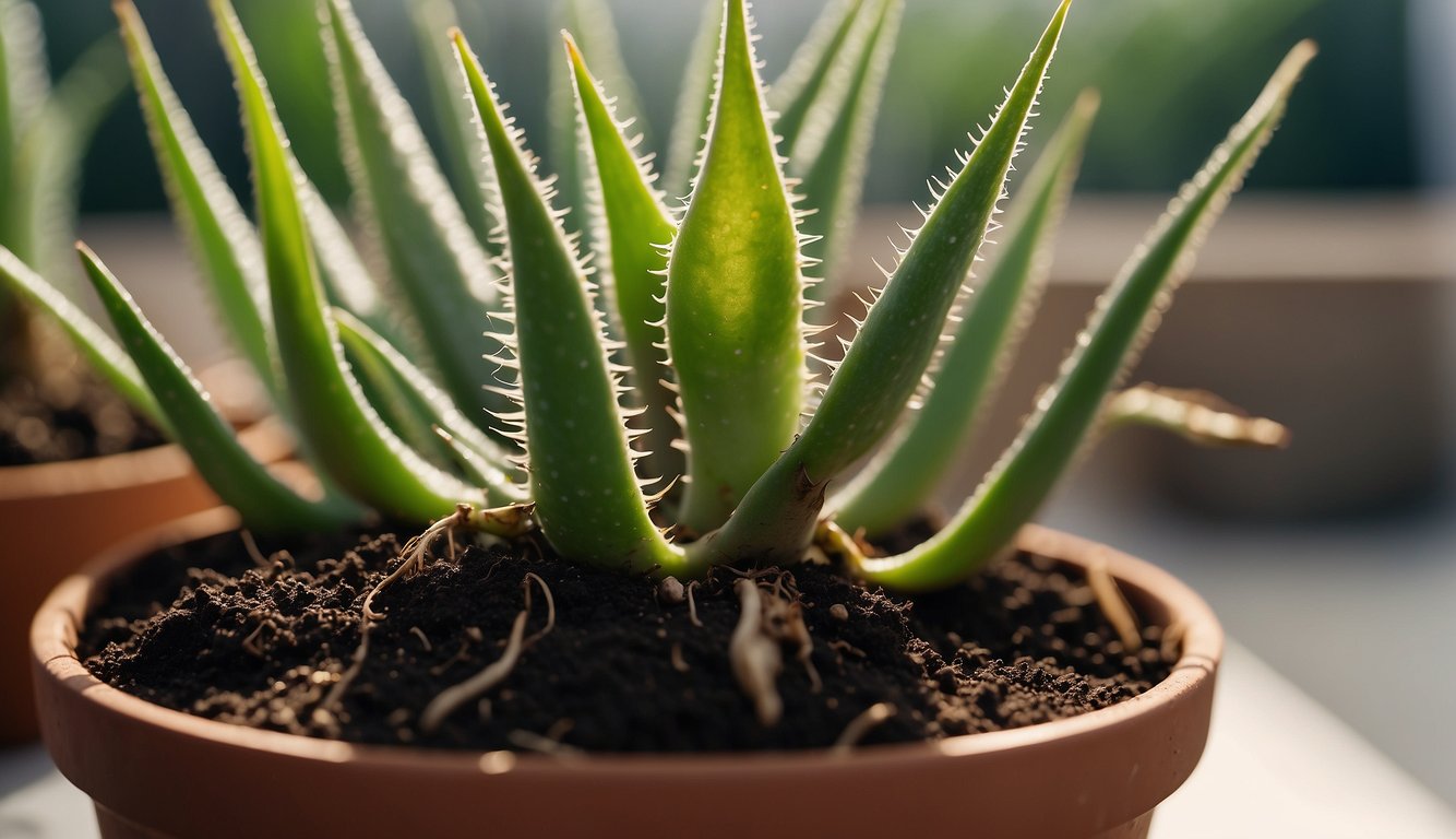 A mature aloe vera plant is being propagated using leaf cuttings in a pot of well-draining soil. New roots are starting to emerge from the base of the cut leaves
