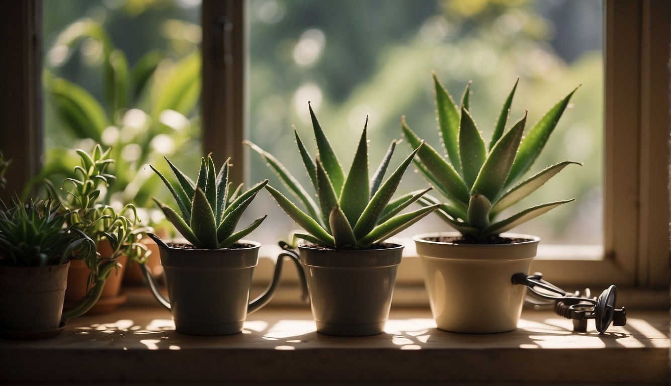 An aloe vera plant sits on a sunny windowsill. A pair of gardening shears trims dead leaves. A watering can sits nearby