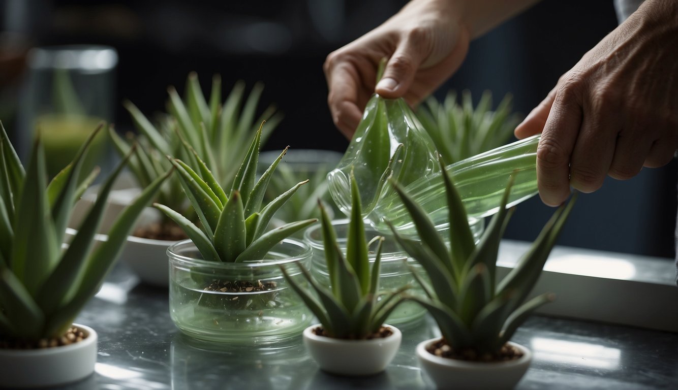 An old aloe vera plant is being harvested for its gel. A person is cutting the thick leaves and collecting the transparent gel into a container