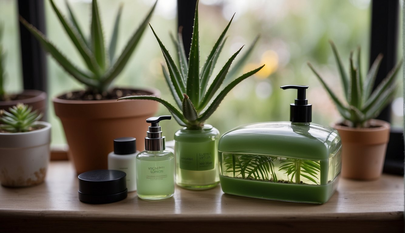 An old aloe vera plant sits on a windowsill, surrounded by health and beauty applications like lotions and creams