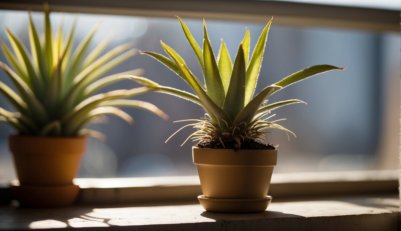 An old aloe vera plant with yellowing leaves and wilting stems sits in a small pot on a sunny windowsill. The soil looks dry and the plant appears to be struggling