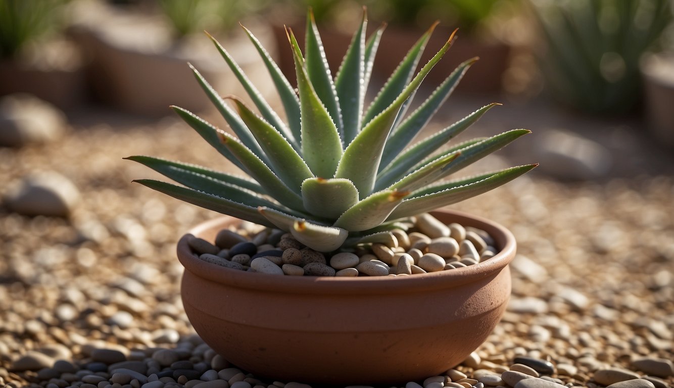 An old aloe vera plant sits in a rustic pot, surrounded by small pebbles. Its thick, fleshy leaves reach out in all directions, showing signs of age and wisdom