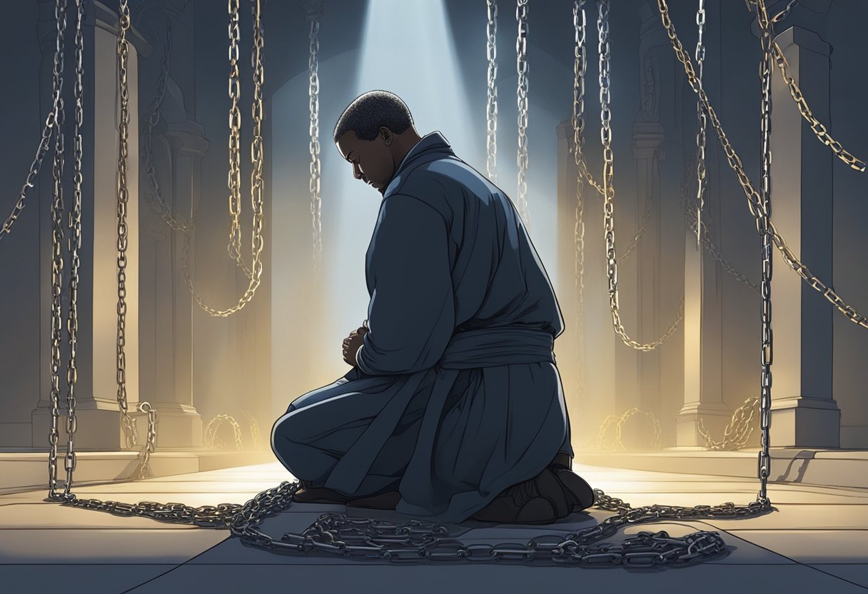 A person kneeling in prayer, surrounded by chains and shackles, with a sense of heaviness and despair. Rays of light breaking through the darkness symbolize hope and deliverance