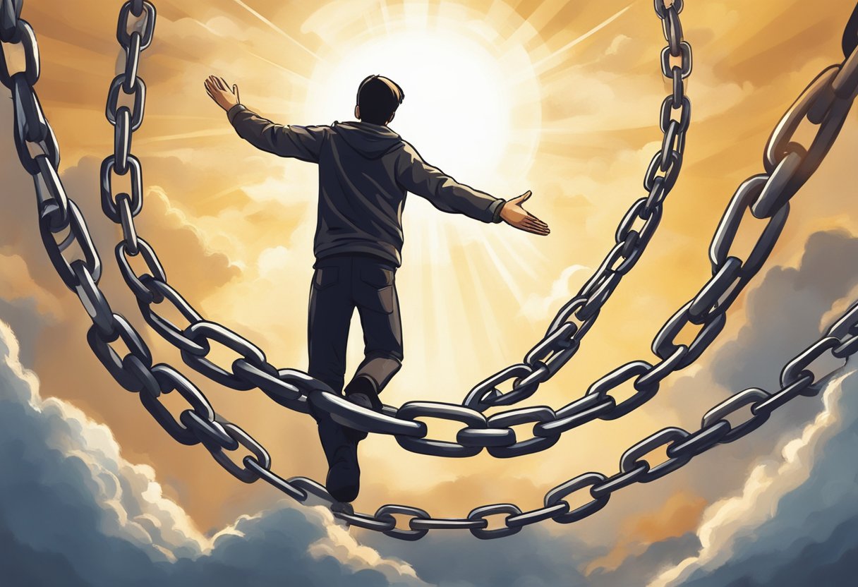 A person breaking free from chains, surrounded by light and reaching towards the sky