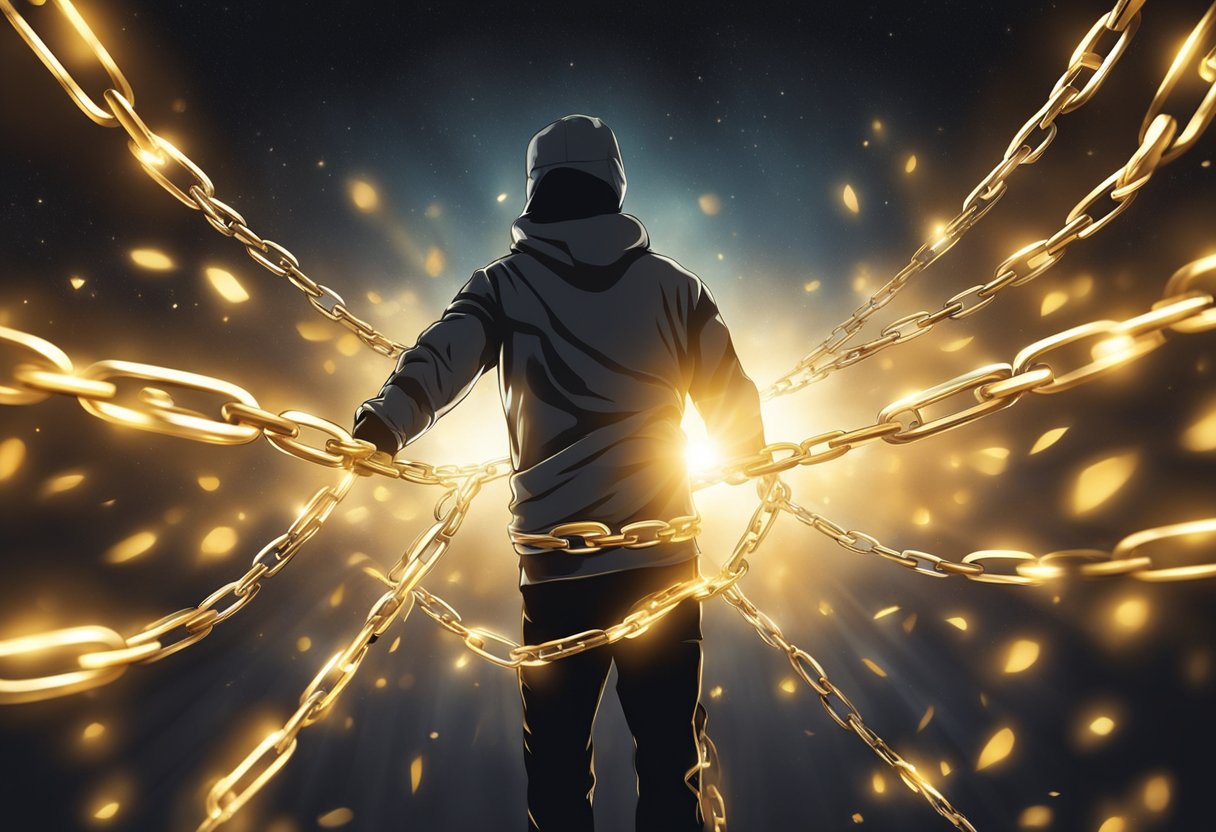 A person breaking free from chains, surrounded by light, symbolizing deliverance from bondage and addiction