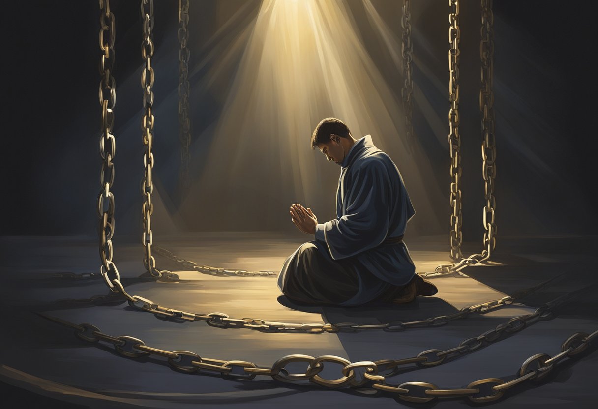 A figure kneels in the darkness, hands clasped in prayer, seeking deliverance from the chains of addiction and bondage. Rays of light pierce the shadows, offering hope and redemption