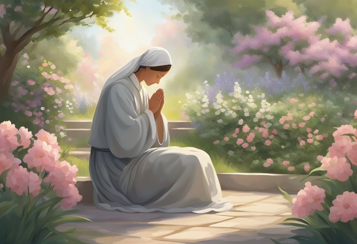 A figure kneels in a peaceful garden, head bowed in prayer, surrounded by blooming flowers and a gentle breeze