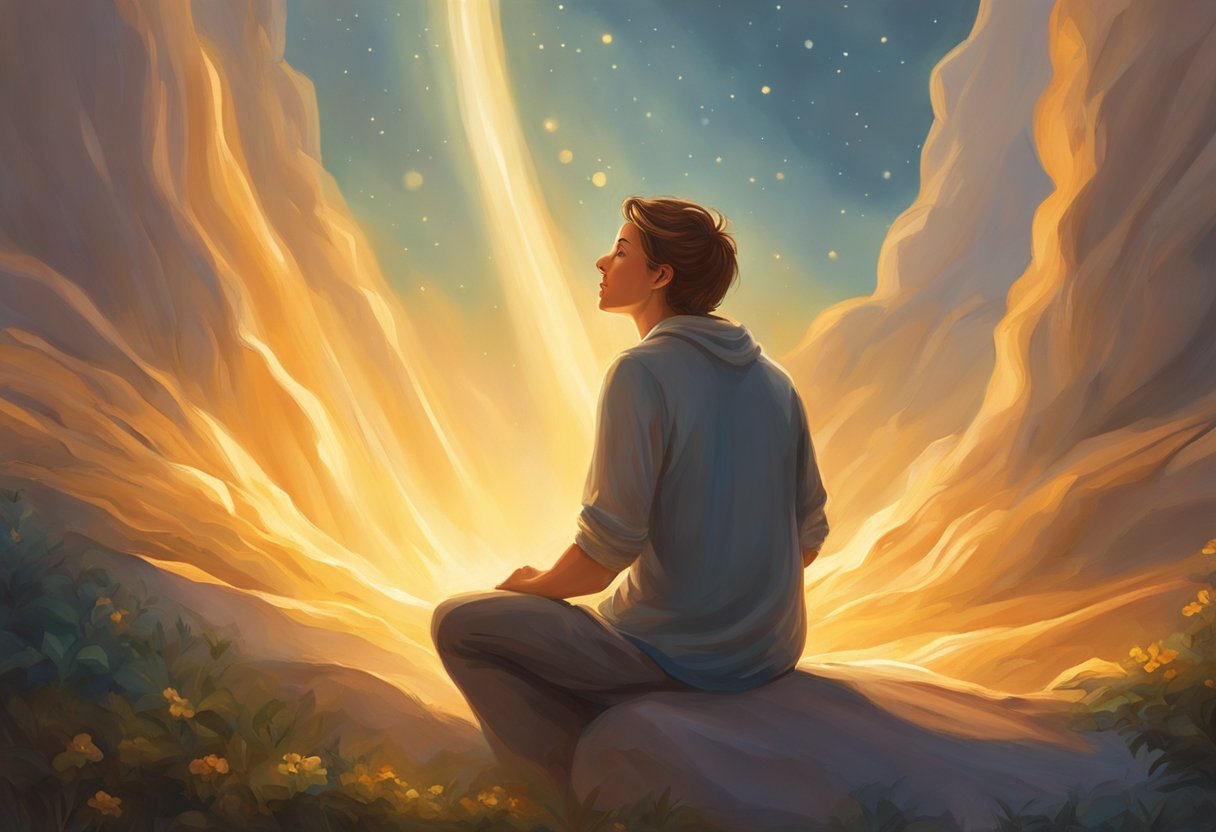 A figure looks up, surrounded by a warm, glowing light. A sense of peace and clarity emanates from the scene, conveying a deep connection to divine guidance in relationships