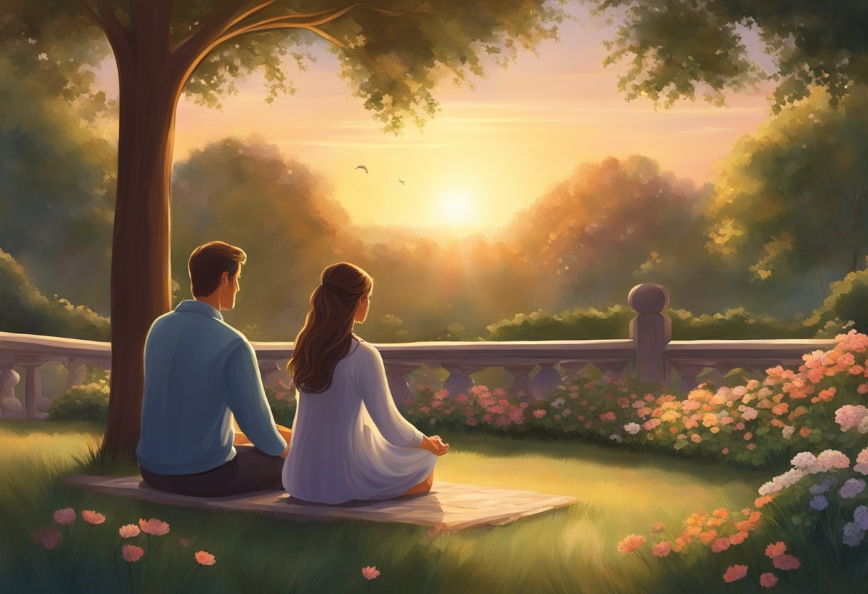 A couple sits in a peaceful garden, heads bowed in prayer, seeking guidance and wisdom in their romantic relationship. The sun sets in the background, casting a warm glow over the scene