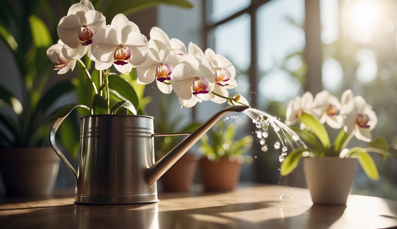 A watering can pours water onto delicate orchids in a bright, sunlit room