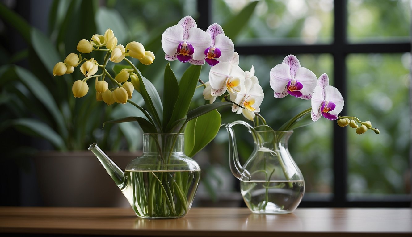 Lush green leaves surround a clear glass vase holding two vibrant orchids. A small watering can sits nearby, ready to nourish the delicate flowers