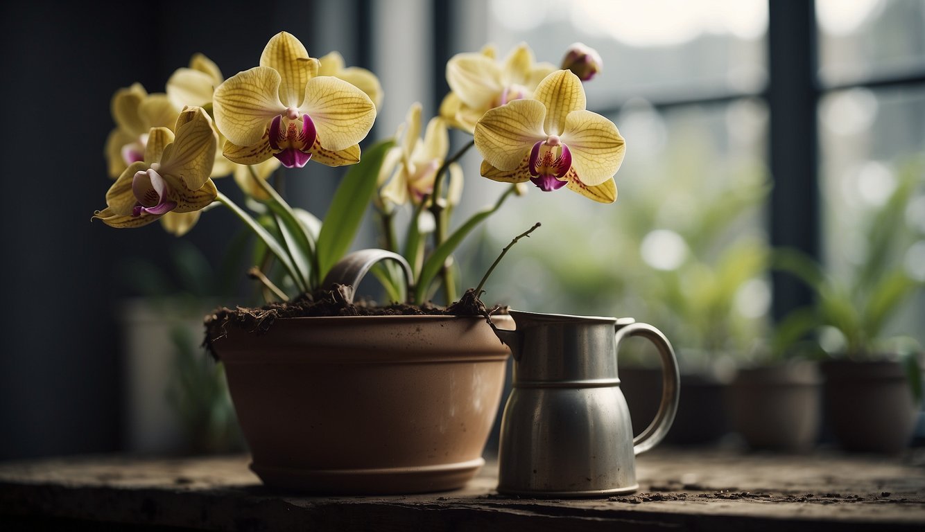 A wilting orchid sits in a dry, cracked pot. Nearby, a watering can remains untouched
