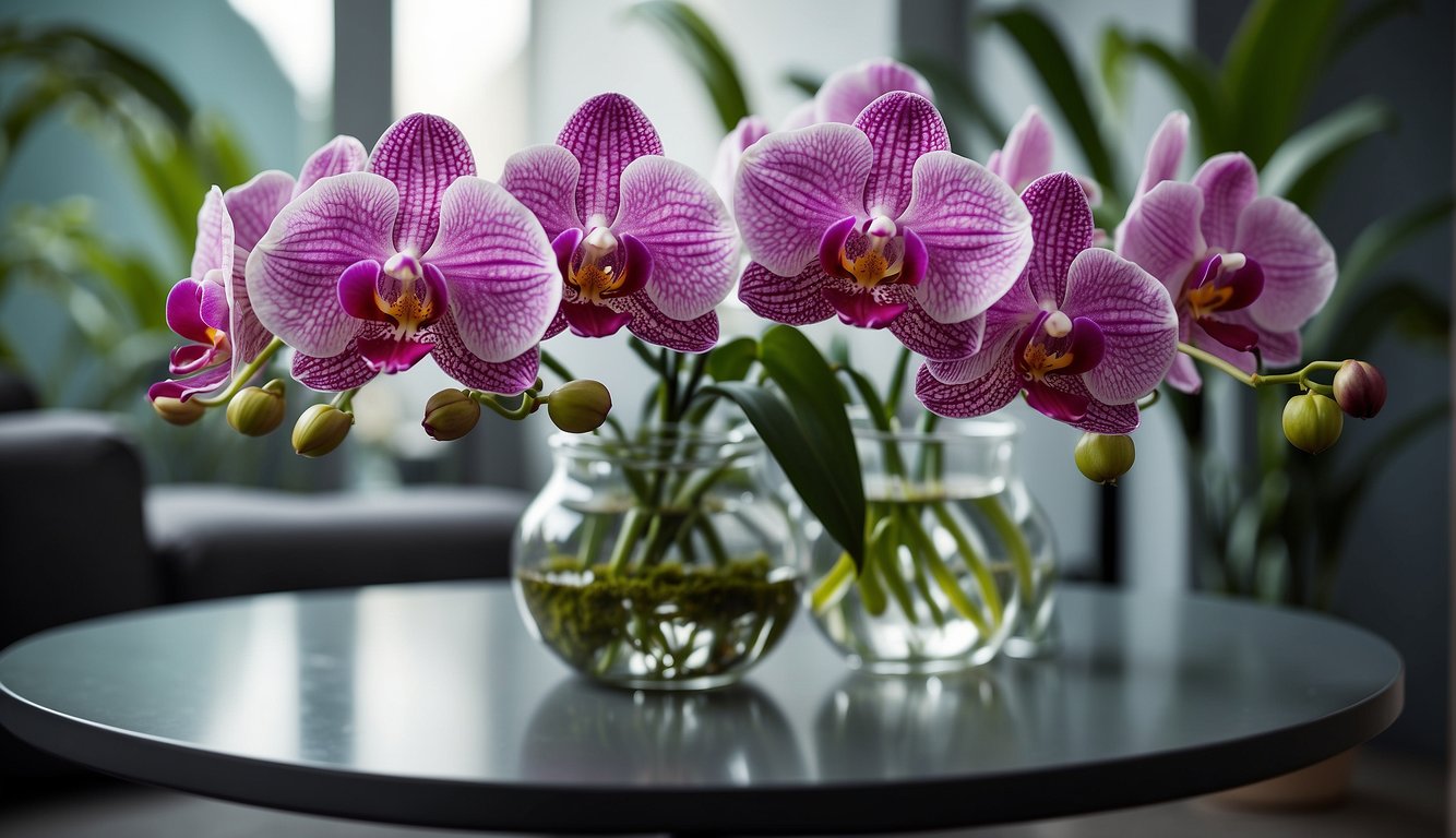 Lush orchids sit on a sleek, modern table. A clear vase filled with water showcases the delicate, vibrant blooms