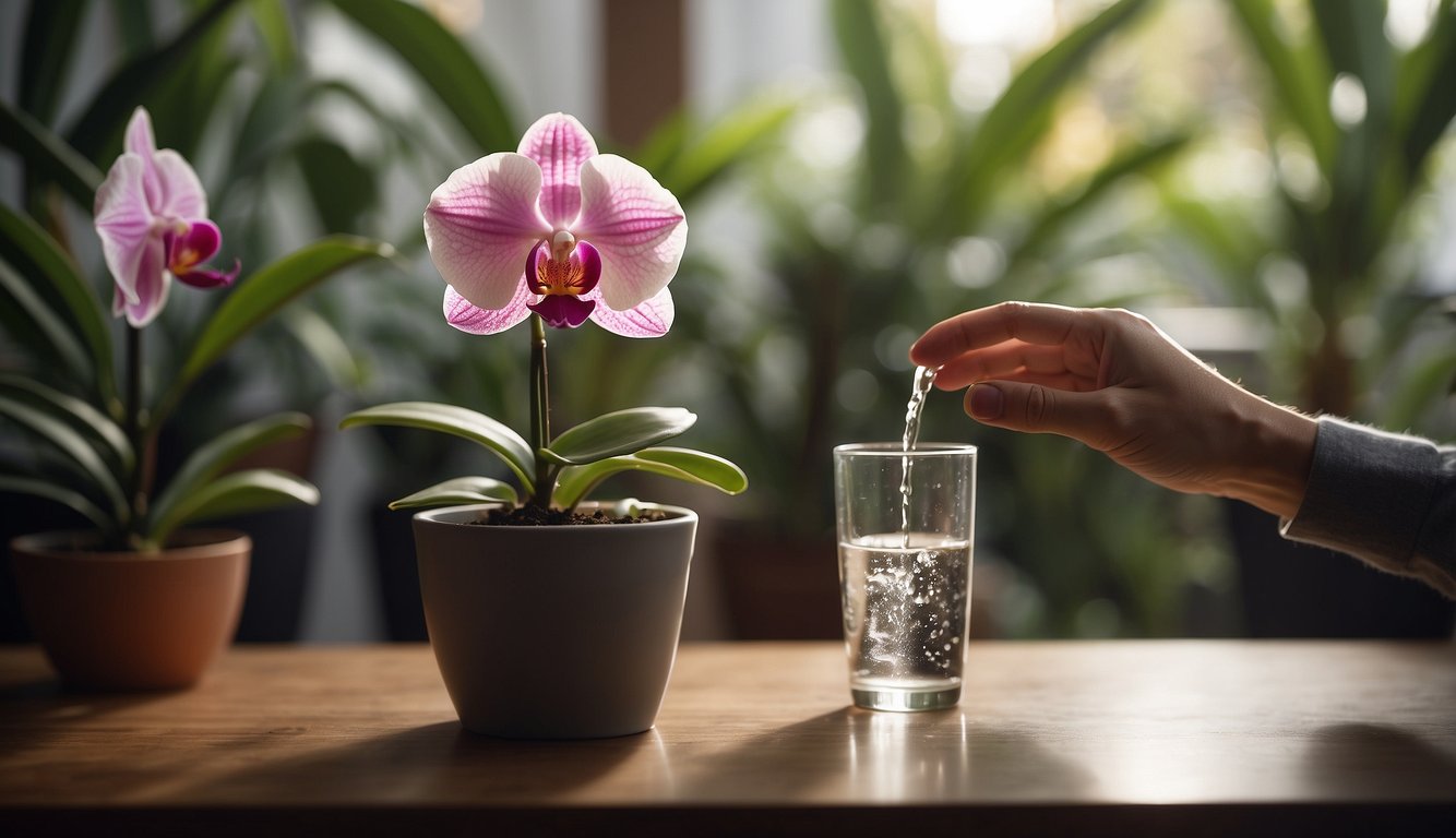 A hand pours water onto a potted orchid labeled "Purchasing and Sustainability."