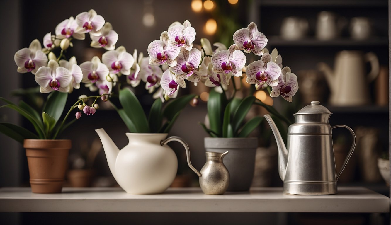 Brightly lit room, shelves filled with blooming orchids. Watering can nearby, sign reads "Just Add Water Orchids."
