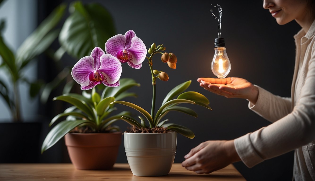 A hand pours water onto a potted orchid labeled "Frequently Asked Questions."