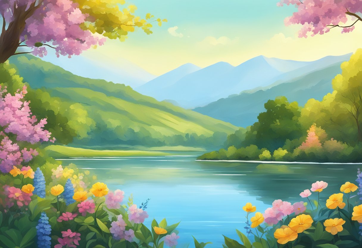 A serene landscape with a calm, flowing river and a clear blue sky, surrounded by lush greenery and colorful flowers