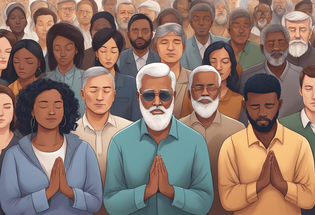A diverse group of people from different backgrounds and cultures come together in a peaceful setting, with their eyes closed and heads bowed in prayer for the stability and peace of their nation