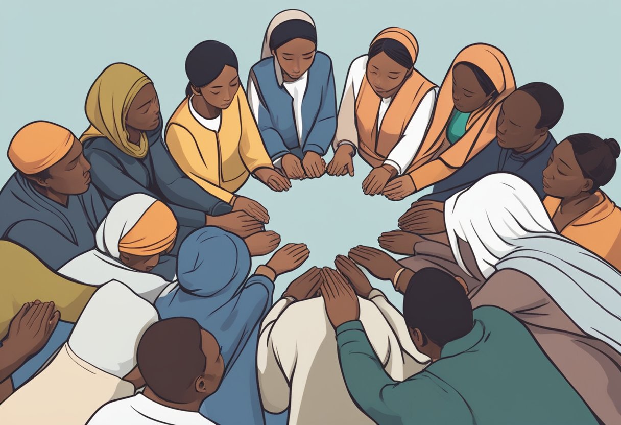 A diverse group of people gather in a circle, heads bowed in prayer. A sense of unity and peace radiates from the group as they pray for stability and peace in their nation