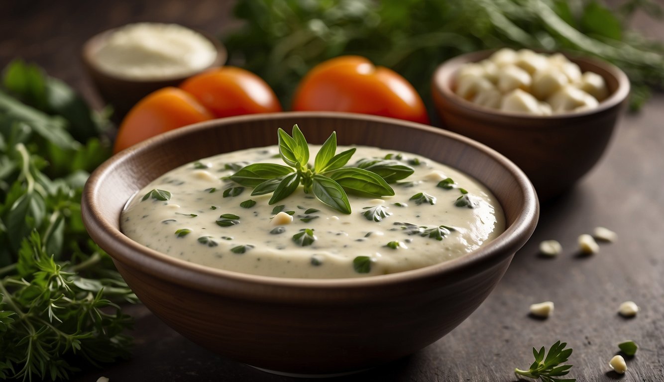 A small bowl of creamy herb tahini sauce surrounded by fresh herbs and ingredients