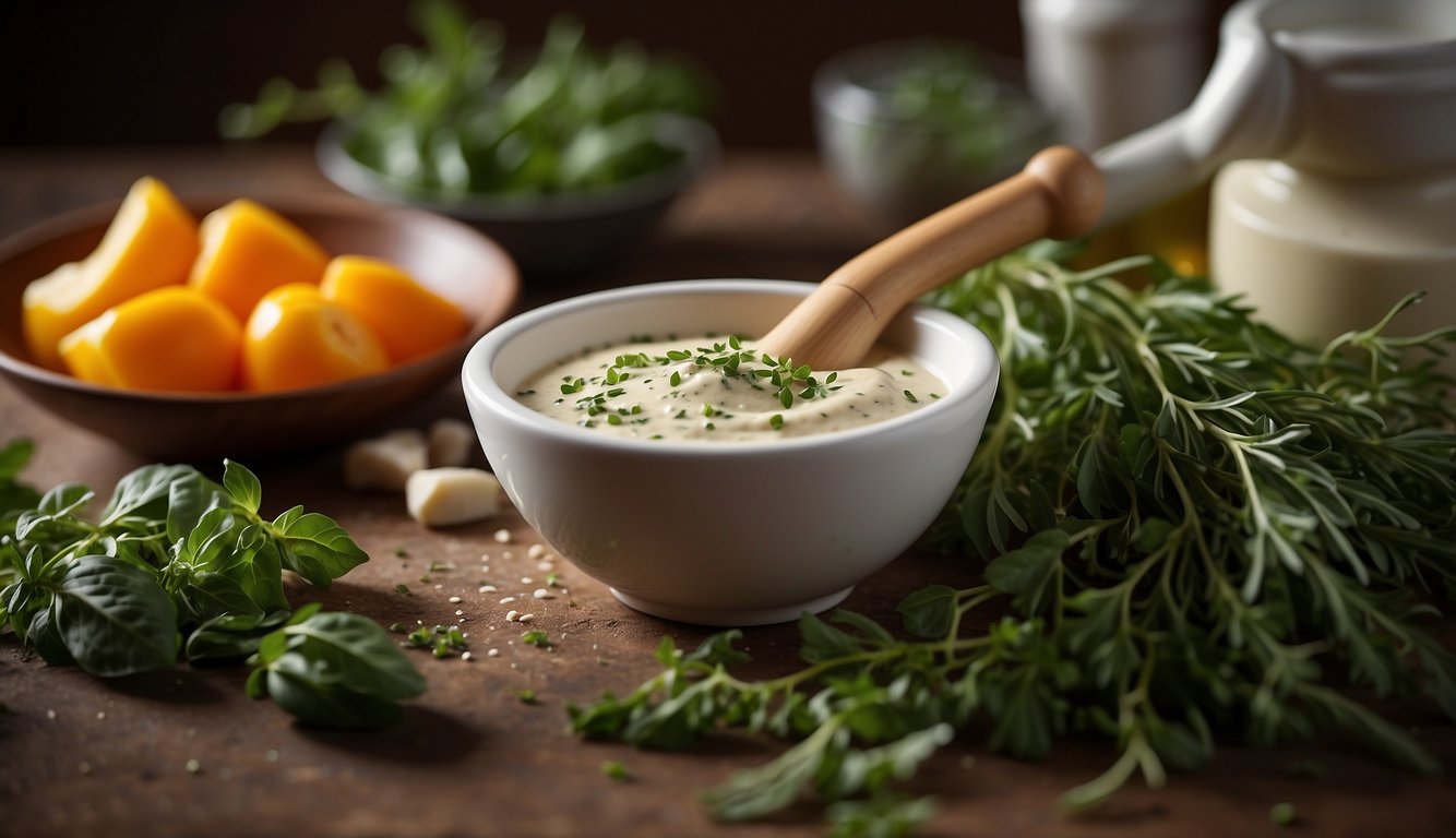 A mortar and pestle crushes fresh herbs into a creamy tahini sauce, creating the perfect texture