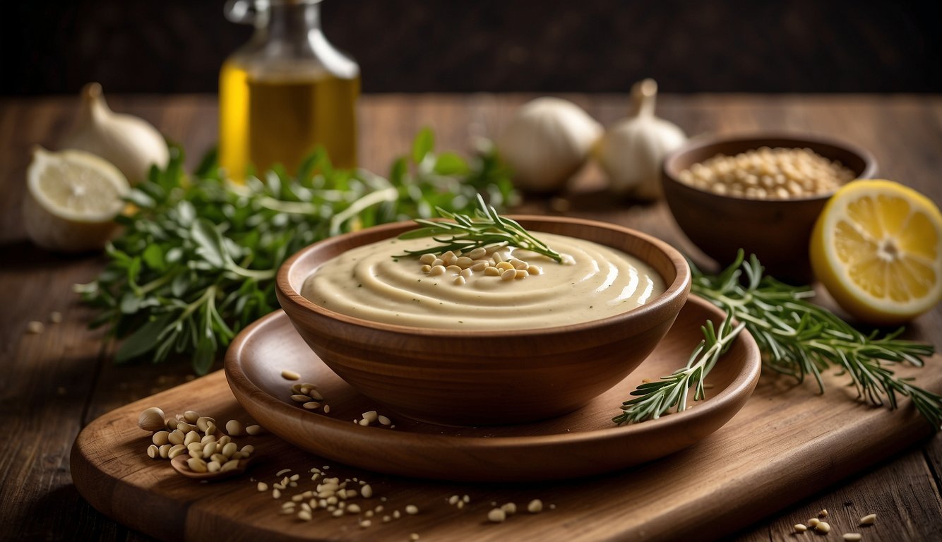 A small bowl of tahini mixed with herbs and olive oil, surrounded by ingredients like garlic, lemon, and salt, on a wooden cutting board