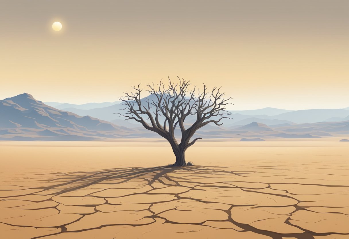 A barren desert landscape with a single withered tree, surrounded by parched earth and a cloudless sky