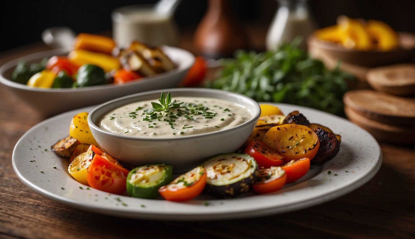 A small bowl of creamy herb tahini sauce drizzled over a colorful array of roasted vegetables and grilled meats
