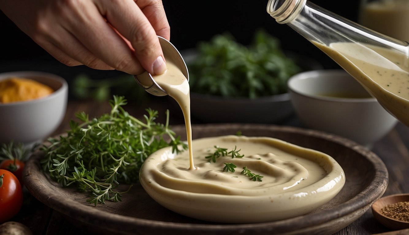 A hand pours a creamy herb tahini sauce into a small glass jar, adding fresh herbs and spices for customization