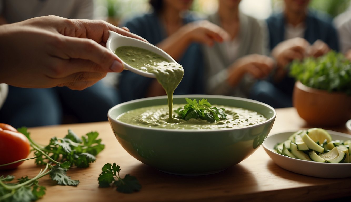 A hand dipping a vegetable into a bowl of green herb tahini sauce, with a group of people gathered around, eagerly watching and waiting to try it