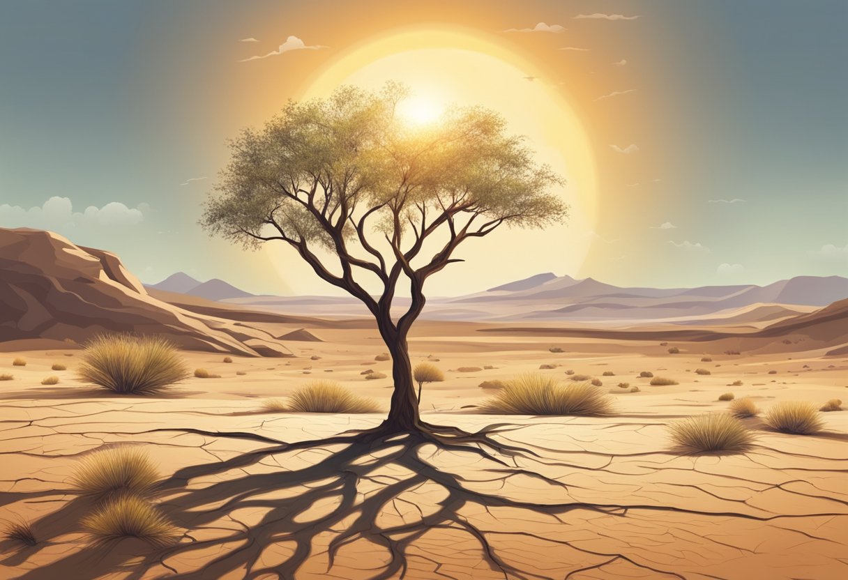 A barren desert landscape, with cracked earth and wilting plants, under a scorching sun. A lone, withered tree stands as a symbol of hope amidst the desolation
