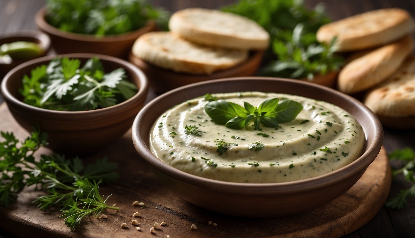 A small bowl of herb tahini sauce surrounded by fresh herbs and a stack of pita bread