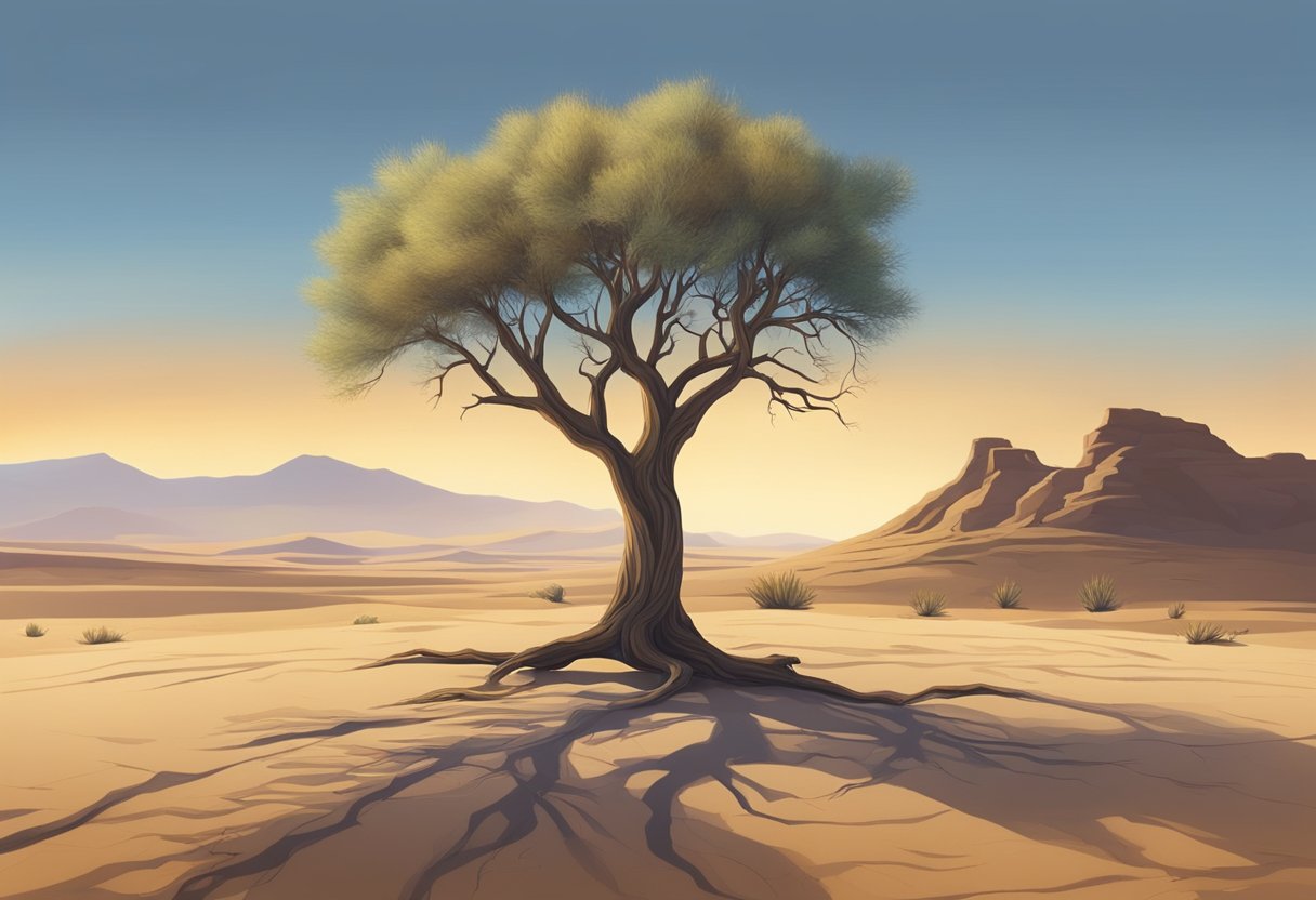 A desert landscape with a lone tree struggling to survive, symbolizing spiritual dryness. A distant figure kneels in prayer, seeking renewal