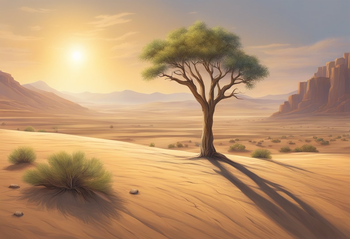 A barren desert landscape with a single, resilient tree standing tall amidst the dryness. The sun beats down relentlessly, but the tree remains unwavering, symbolizing faith and patience in overcoming spiritual dryness