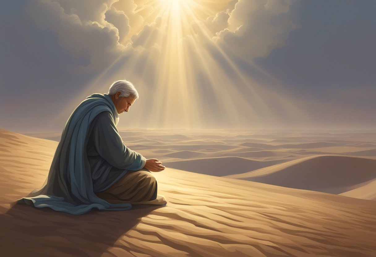 A figure kneels in a barren desert, head bowed in prayer. Above, a radiant light breaks through the clouds, symbolizing guidance and renewal
