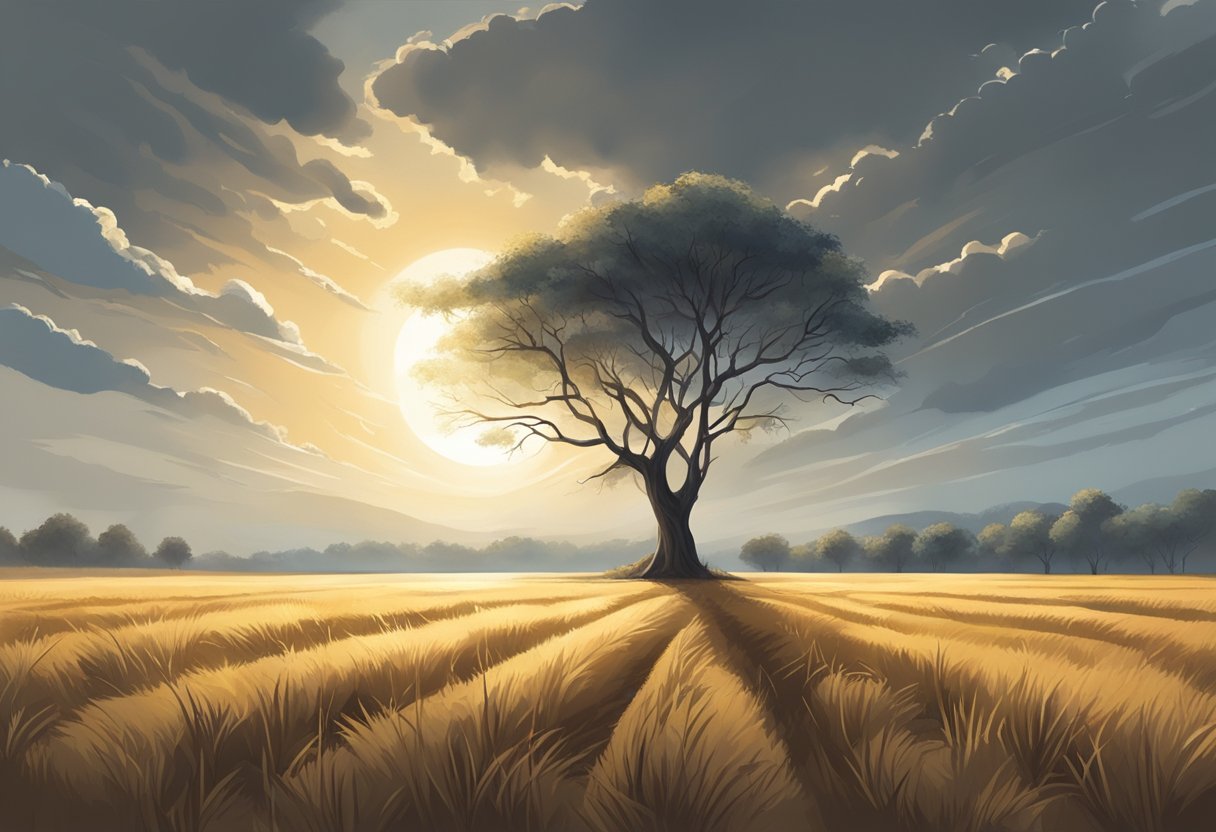 A barren field with a single tree, its branches reaching towards the sky. A ray of sunlight breaks through the clouds, illuminating the scene with a sense of hope and provision