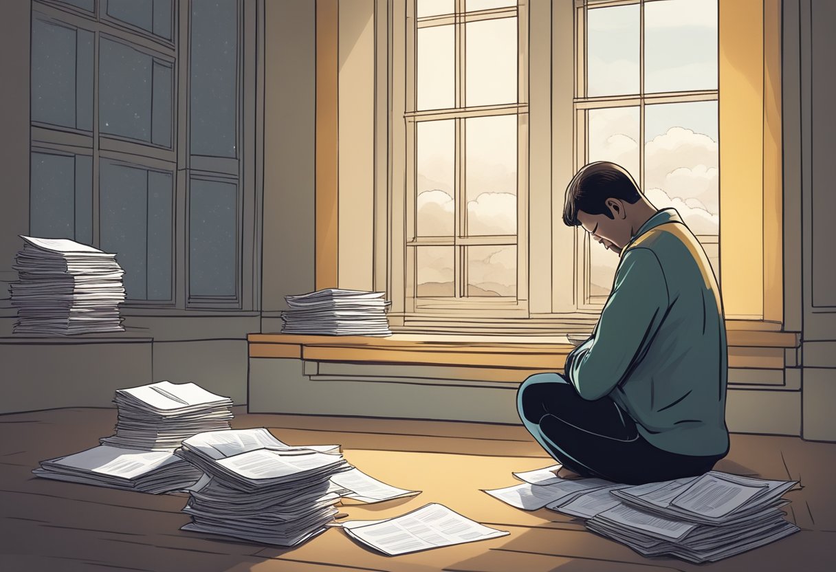 A person sits alone, head bowed in prayer, surrounded by empty job applications and bills. A sense of hopelessness fills the air, but a faint light shines through a window, symbolizing faith and hope in God's provision