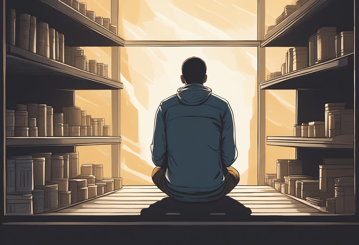 A person sits in a dark room, head bowed in prayer, surrounded by empty shelves and a barren landscape outside. A ray of light breaks through the darkness, symbolizing hope and God's provision
