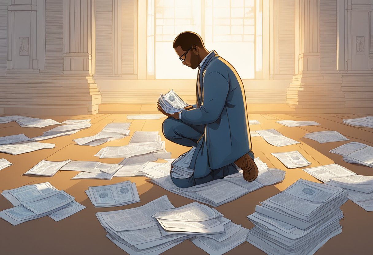 A person kneeling in prayer, surrounded by empty job applications and bills. A ray of light shining down, symbolizing hope and divine provision