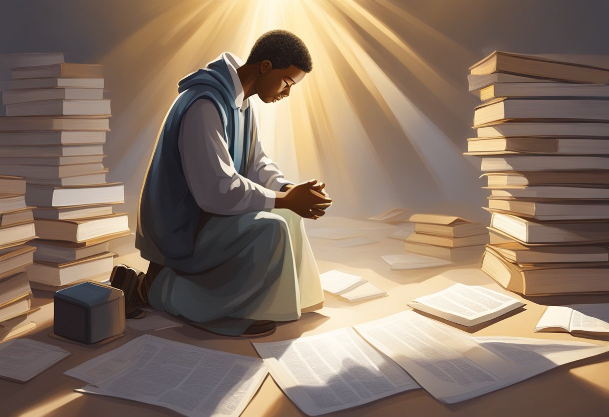 A figure kneels in prayer, surrounded by job search materials. A beam of light shines down, symbolizing hope and faith in God's provision