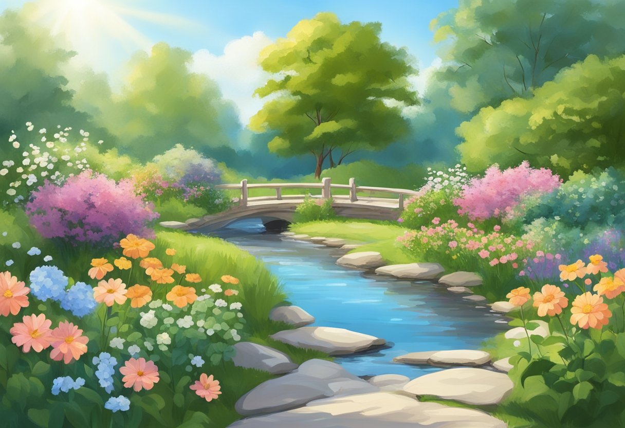 A serene garden with blooming flowers and a peaceful stream, surrounded by gentle sunlight and a clear blue sky